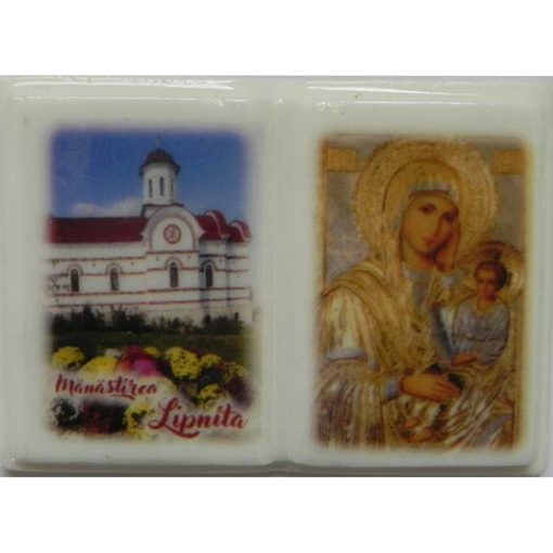 Magnet carte cu Manastirea Lipnita si icoana “Maica Domnului potoleste intristarile noastre” – 5 x 3 cm