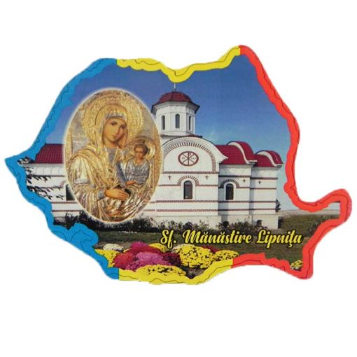 Magnet sub forma Romaniei cu Manastirea Lipnita si icoana “Maica Domnului potoleste intristarile noastre” – 5 x 3 cm (Copiază)