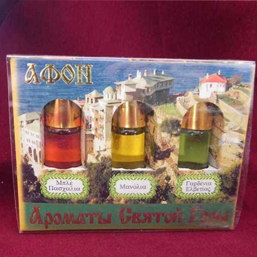 Cutie cu trei sticle de mir din Muntele Athos