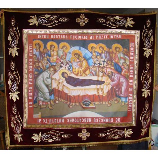 Epitaf brodat pe catifea cu struguri, spice de grau si serafimi (140 x 120 cm) – pentru Adormirea Maicii Domnului