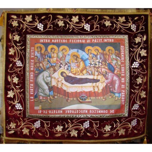 Epitaf brodat pe catifea cu vita de vie si spice de grau (140 x 120 cm) – pentru Adormirea Maicii Domnului