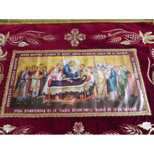 Epitaf brodat pe catifea cu struguri, spice si serafimi  (100 x 70 cm) – pentru Adormirea Maicii Domnului