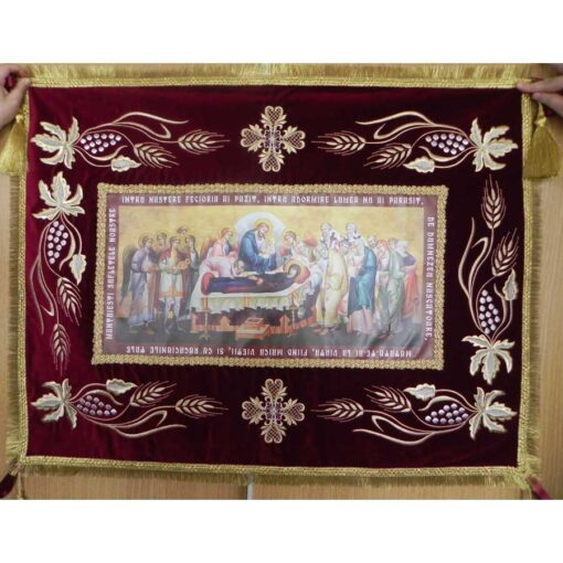 Epitaf brodat pe catifea cu struguri, spice si serafimi  (100 x 70 cm) – pentru Adormirea Maicii Domnului