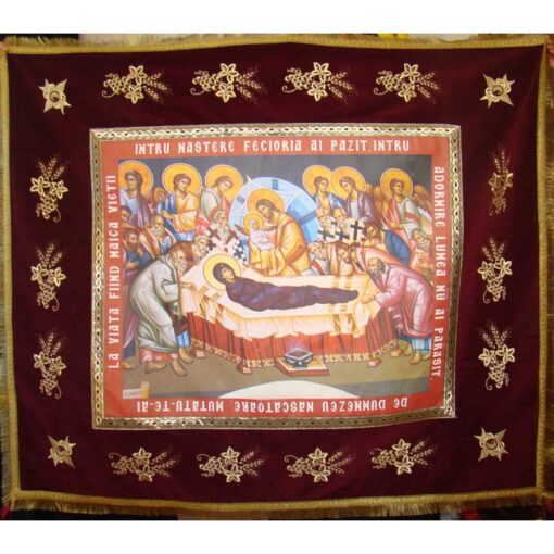 Epitaf brodat pe catifea cu struguri, spice si serafimi (140 x 120 cm) – pentru Adormirea Maicii Domnului