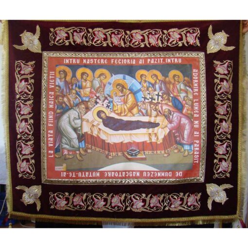 Epitaf brodat pe catifea cu serafimi si flori de crin (140 x 120 cm) – pentru Adormirea Maicii Domnului